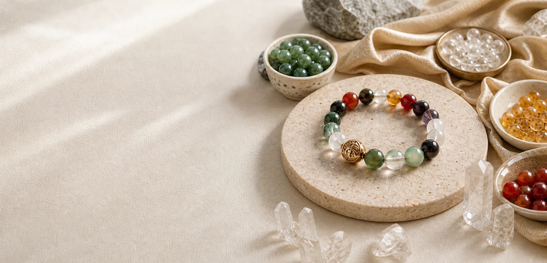 Custom five-element crystal bracelet surrounded by natural gemstone beads in the LunarBeads studio